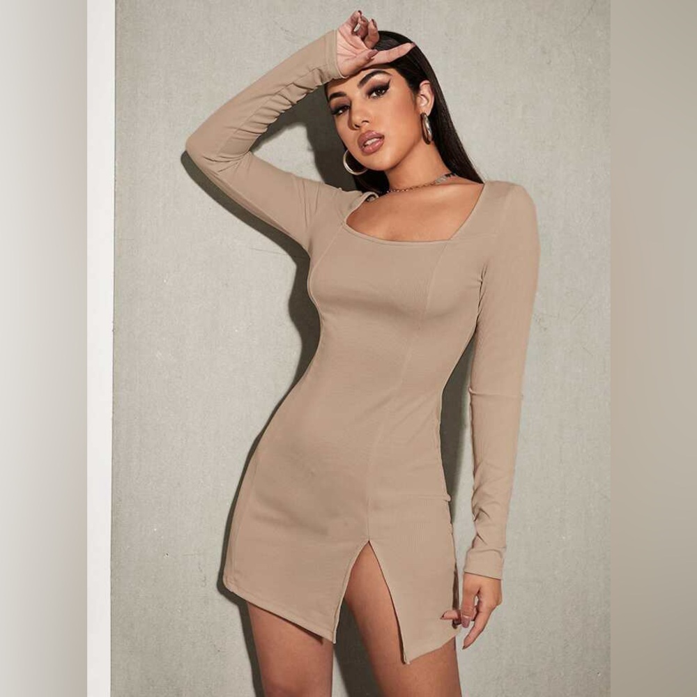 Square Neck Slit Hem Rib-Knit Dress